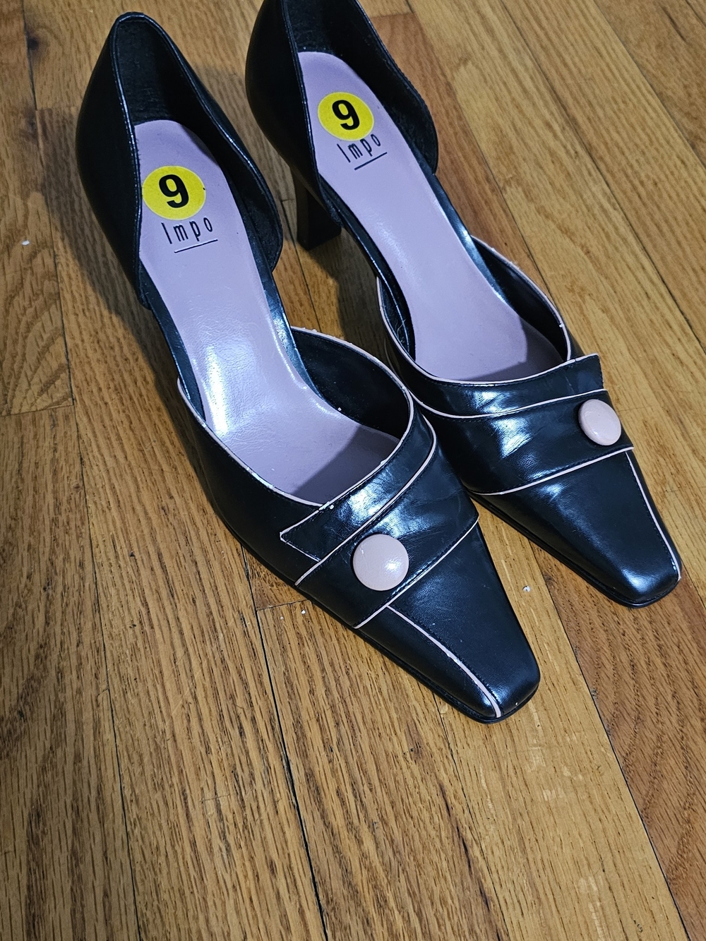 Impo Black Pointed Toe D'Orsay Heels with Pink Trim and Button